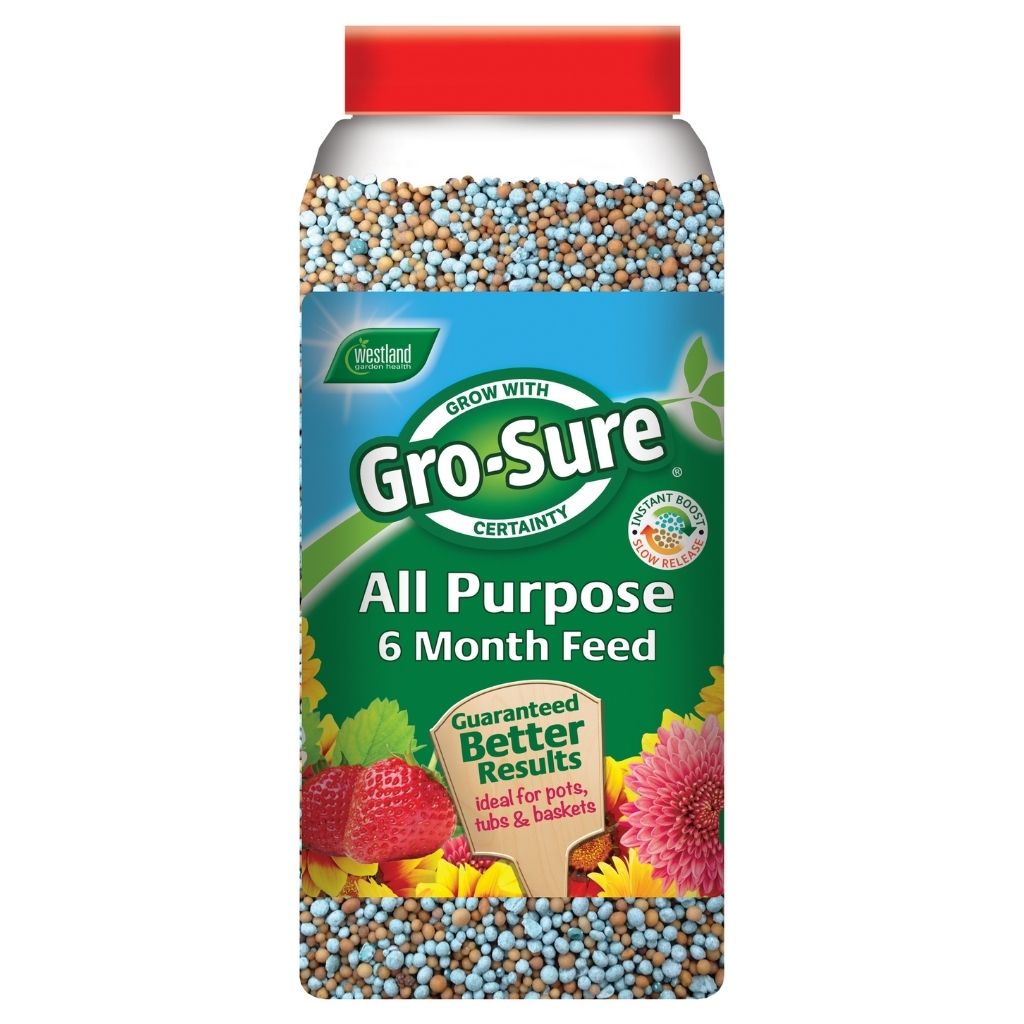 Gro-Sure all-purpose fertilizer container with colorful granules on a white background