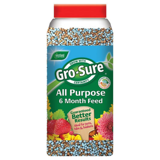 Gro-Sure all-purpose fertilizer container with colorful granules on a white background