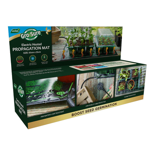 Gro-Sure Electric Heated Propagation Mat packaging with images of gardening setup.