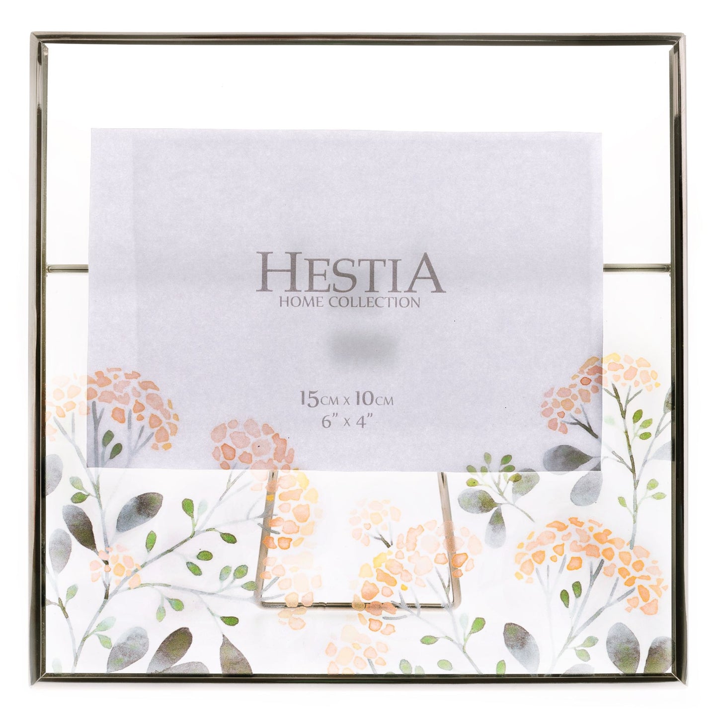 Decorative photo frame with floral design and 'Hestia Home Collection' branding.