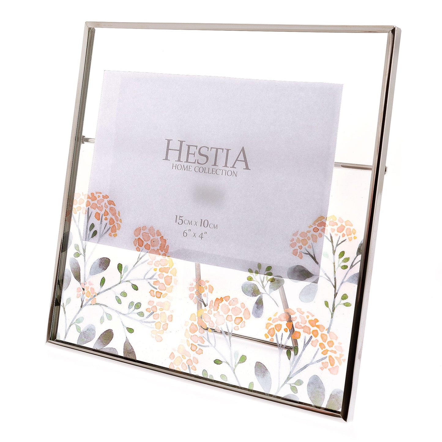 Metal photo frame with floral design and Hestia Home Collection label on a white background