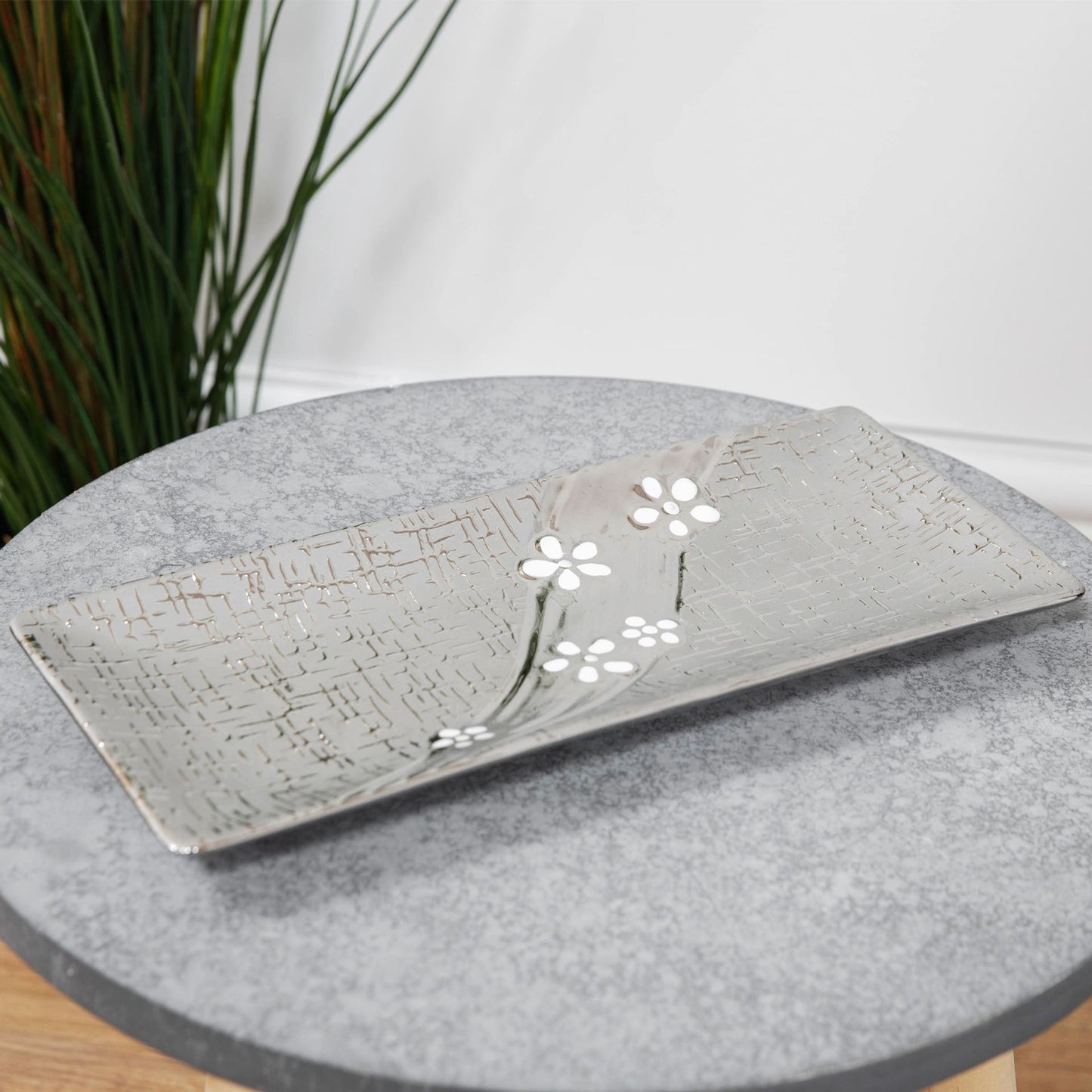 Metallic Decorative Plate with White Flower 31 x 14cm