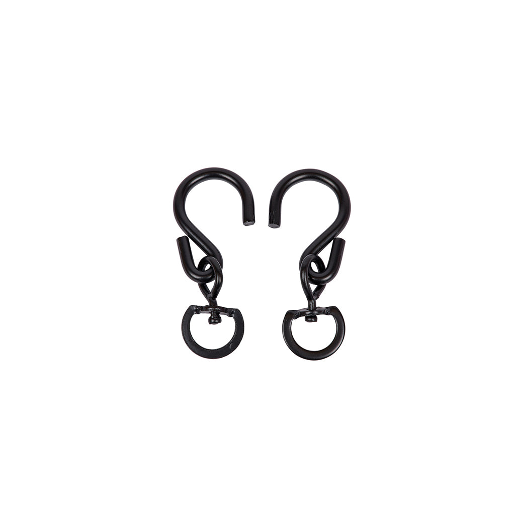 Pair of black metal hooks on a white background