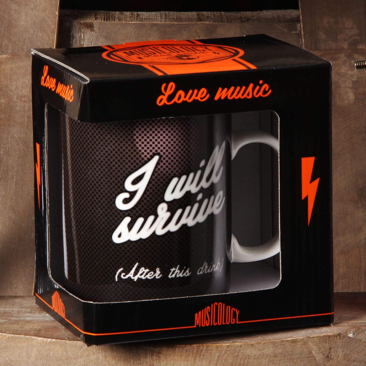 Mug with 'I will survive (after this drink)' text in a 'Love music' branded box.