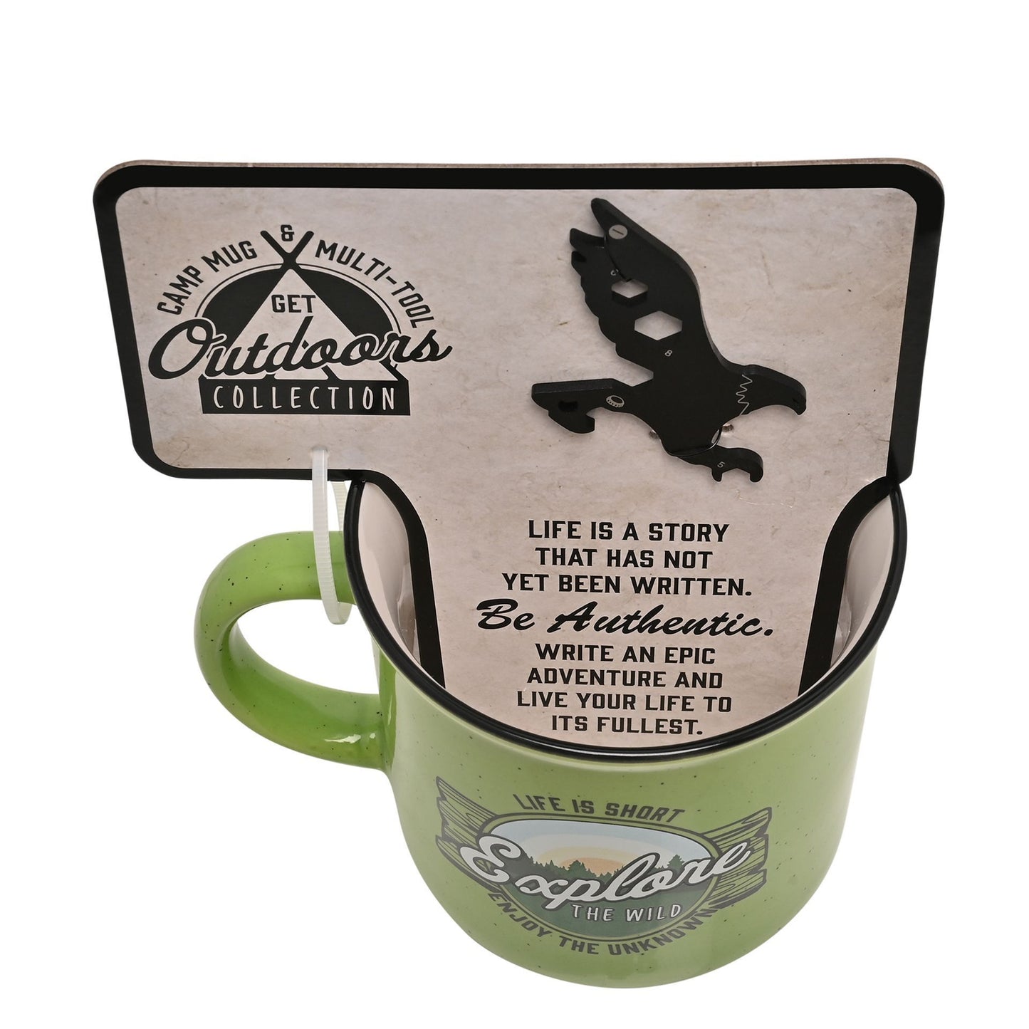 Green mug with motivational quote and outdoor design, displayed on a stand.