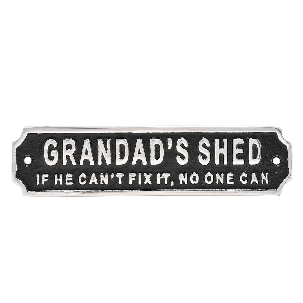 Decorative sign with text 'Grandad's Shed' on a white background