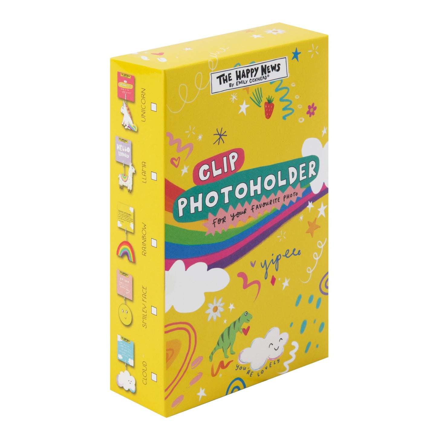 Yellow clip photoholder packaging with colorful designs on a white background