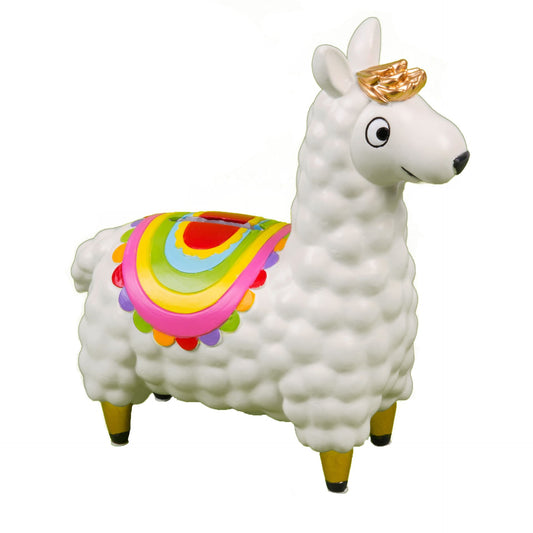 Colorful llama-shaped container with a rainbow design on a white background