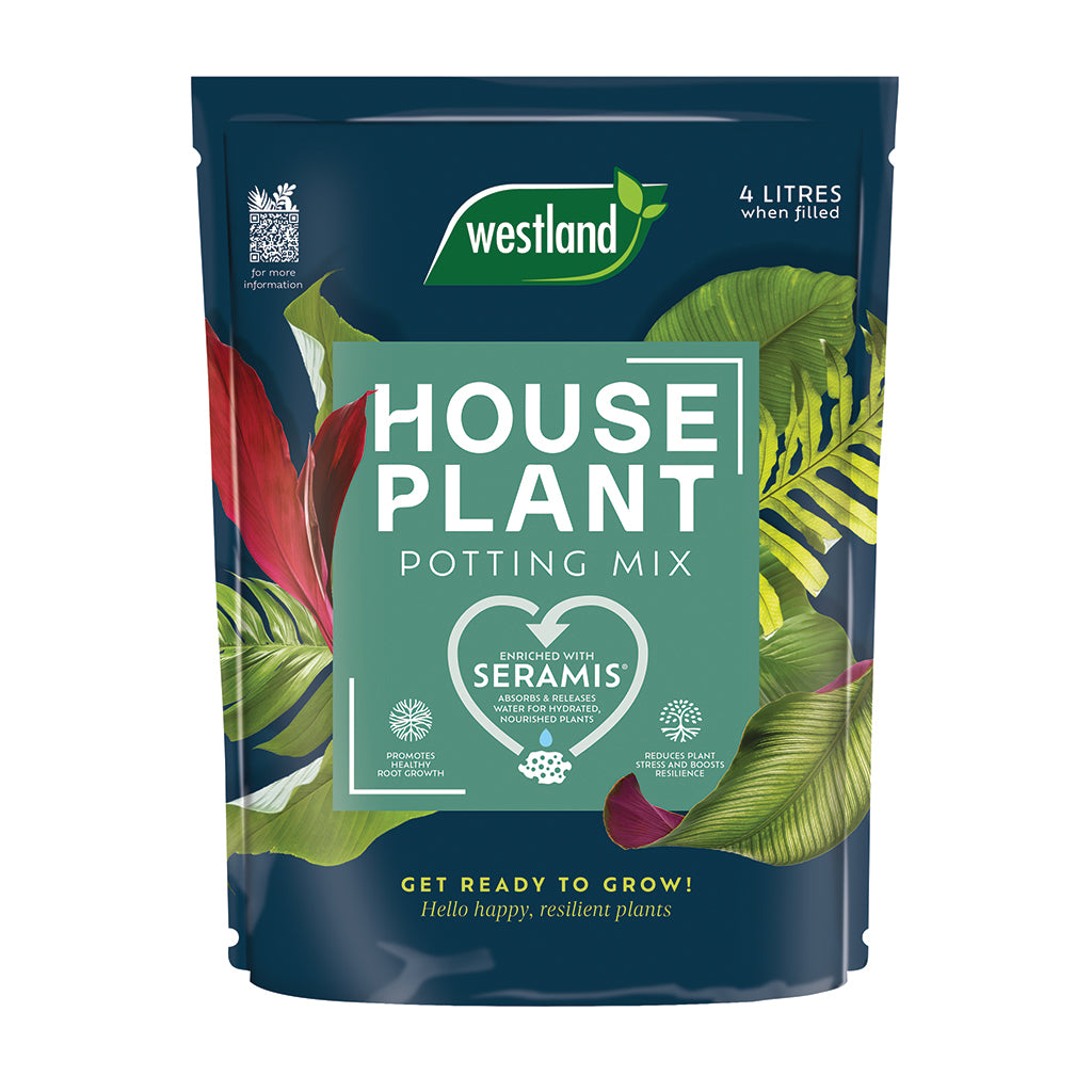 Westland house plant potting mix packaging with leaf graphics on a white background