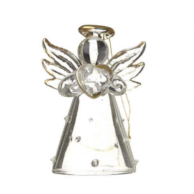 Decorative angel-shaped candle holder with clear glass body and gold accents on a white background