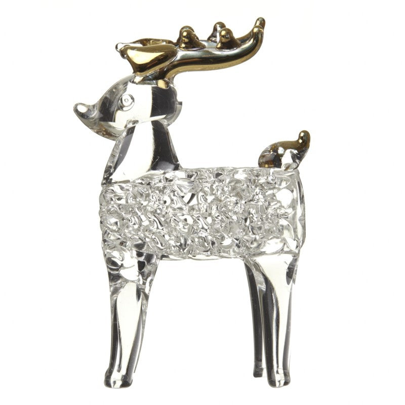 Crystal deer figurine with gold antlers on a white background