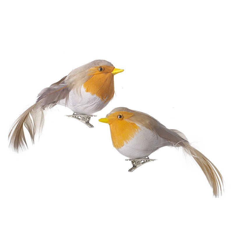 Two toy birds with orange faces and gray bodies on a white background