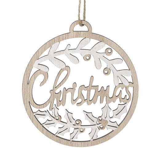 Wooden Christmas ornament with 'Christmas' text and holly leaves on a white background