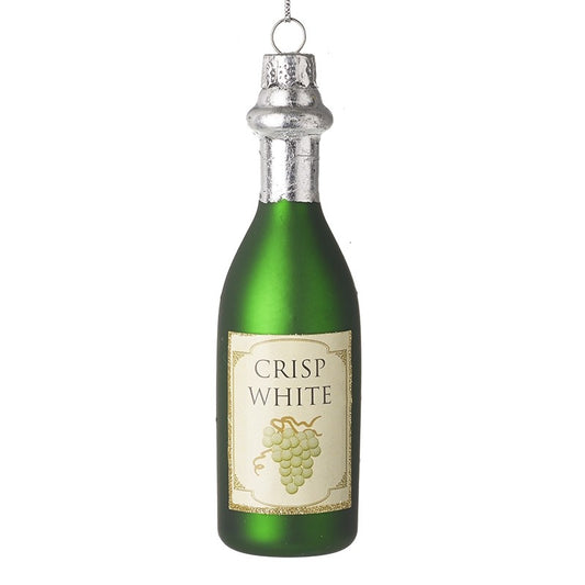 Decorative wine bottle ornament with 'Crisp White' label on a white background