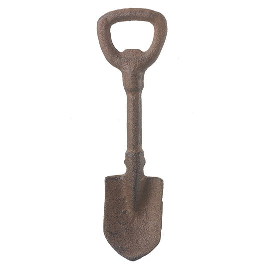 Brown shovel with a bottle opener handle on a white background