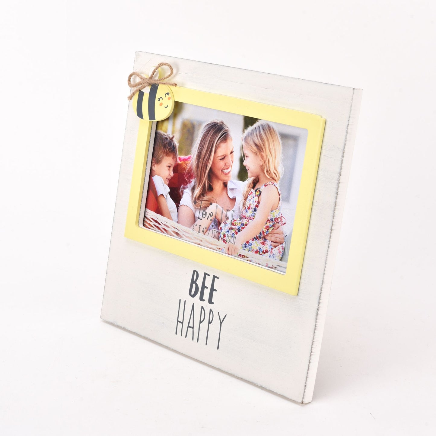 Photo frame with 'BEE HAPPY' text and a family photo inside, on a white background
