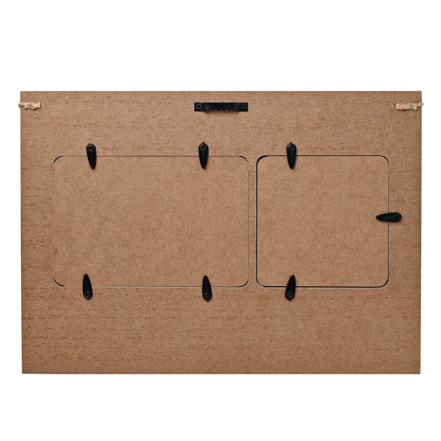 Brown cardboard sheet with cut-out sections and black hooks on a white background