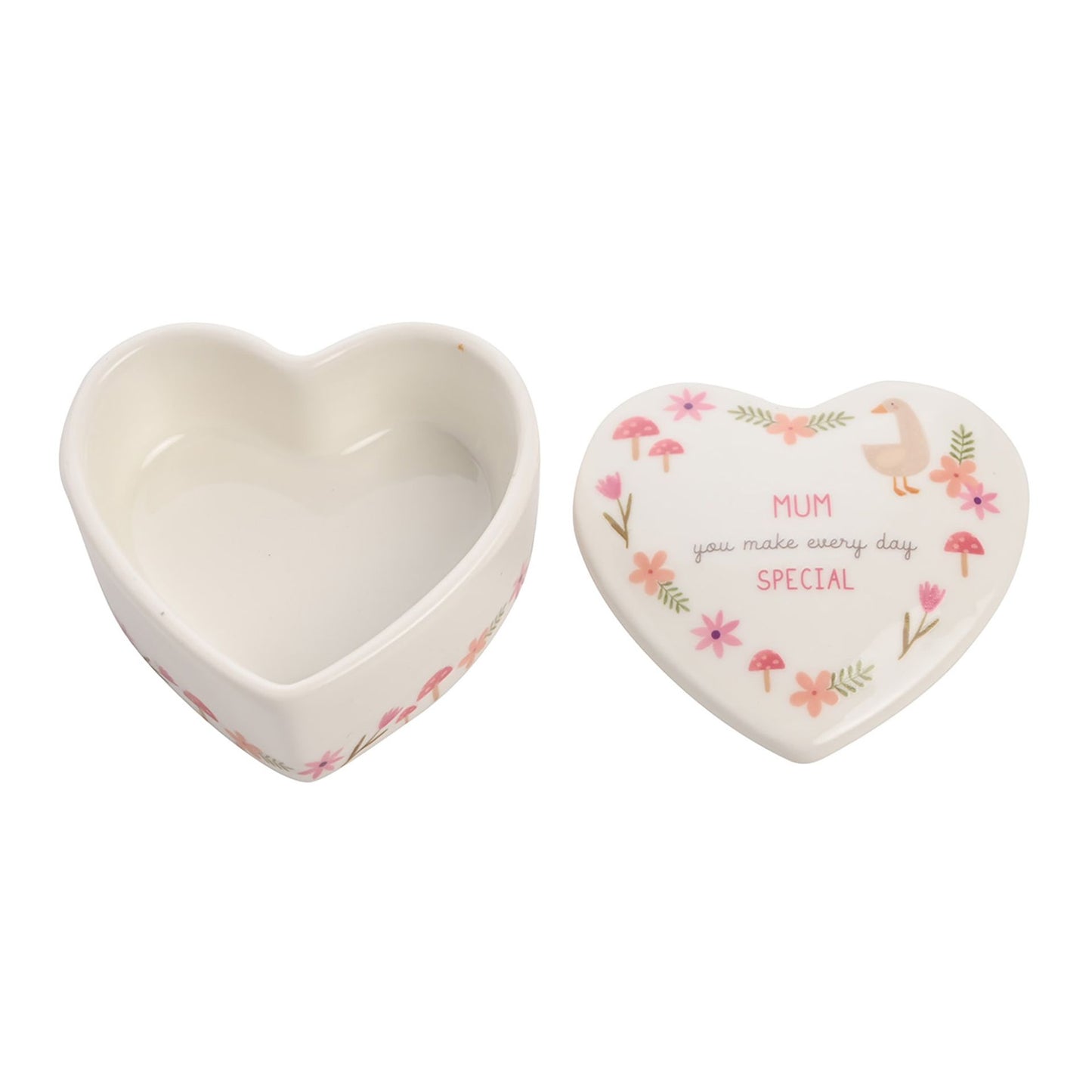 Heart-shaped ceramic box with floral design and text on a white background