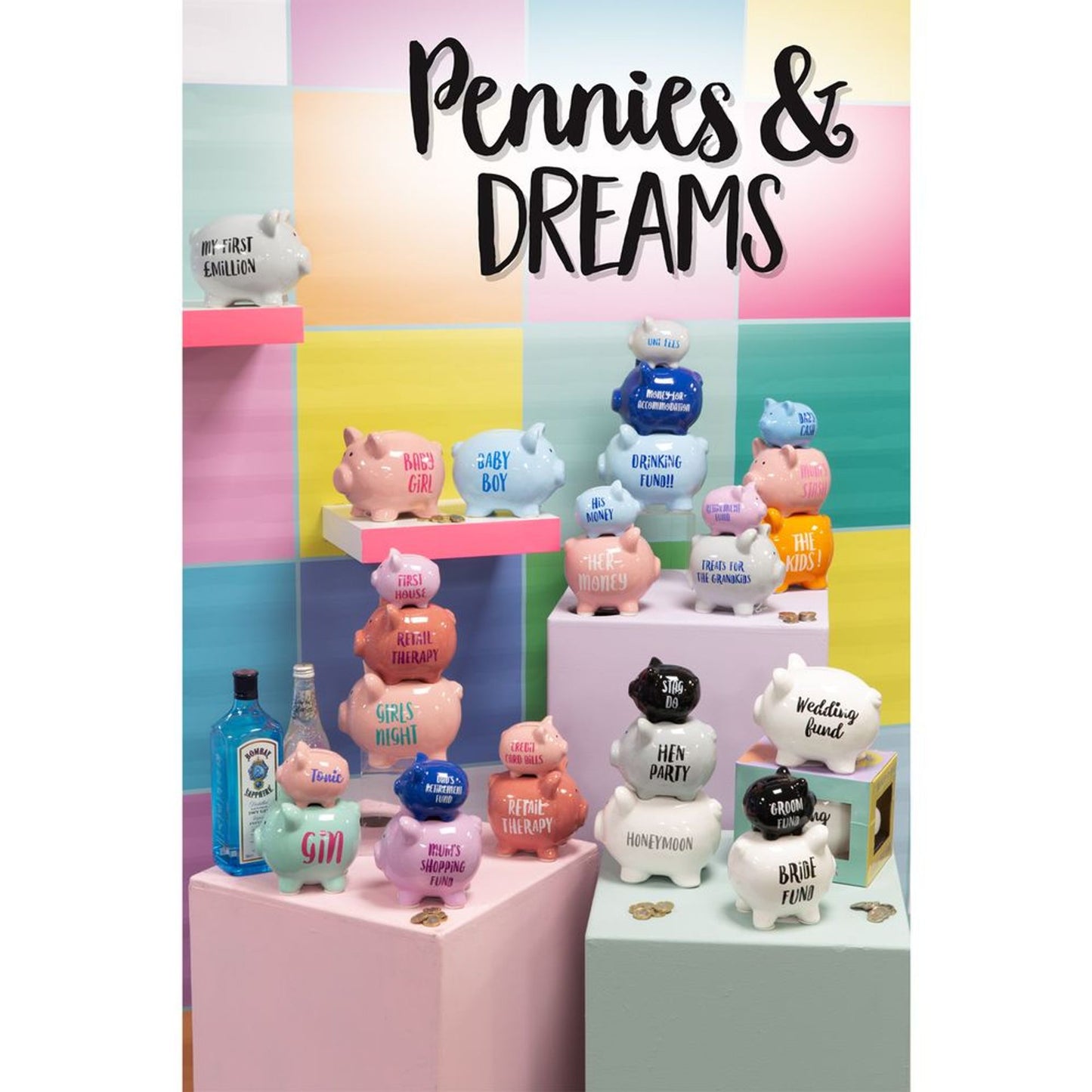 Display of colorful piggy banks with various inscriptions on a multicolored background, featuring the text 'Pennies & Dreams'.