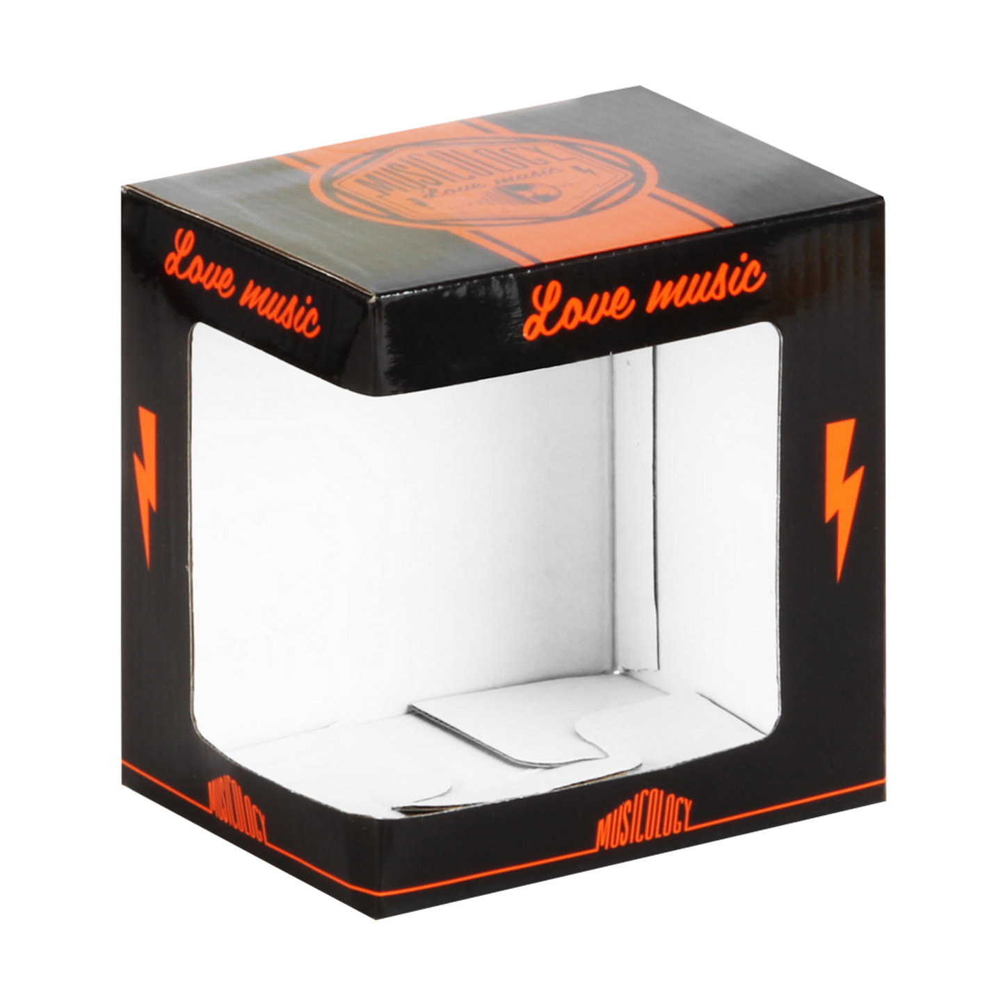 Black and orange box with 'Love music' text and lightning bolt symbols.