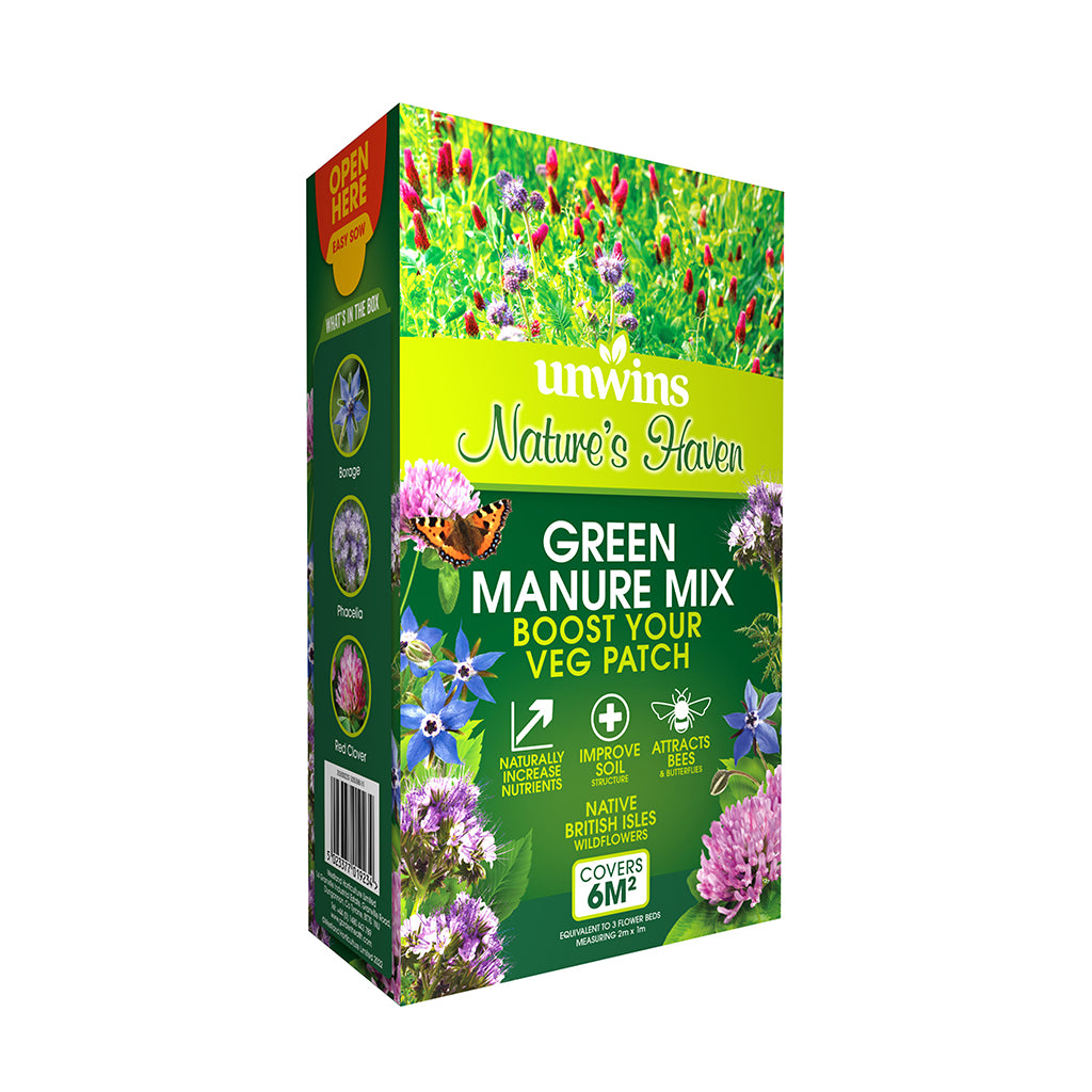 Unwins Nature's Haven Green Manure Mix packaging with garden scene on a white background