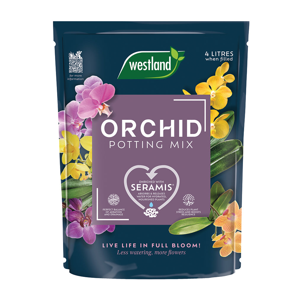 Westland Orchid Potting Mix packaging with orchid flowers on a white background