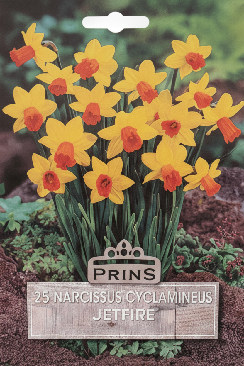 Seed packet for Prins Jetfire Narcissus Cyclamineus flowers, showing a cluster of yellow daffodils with orange-red centers against a blurred garden background.