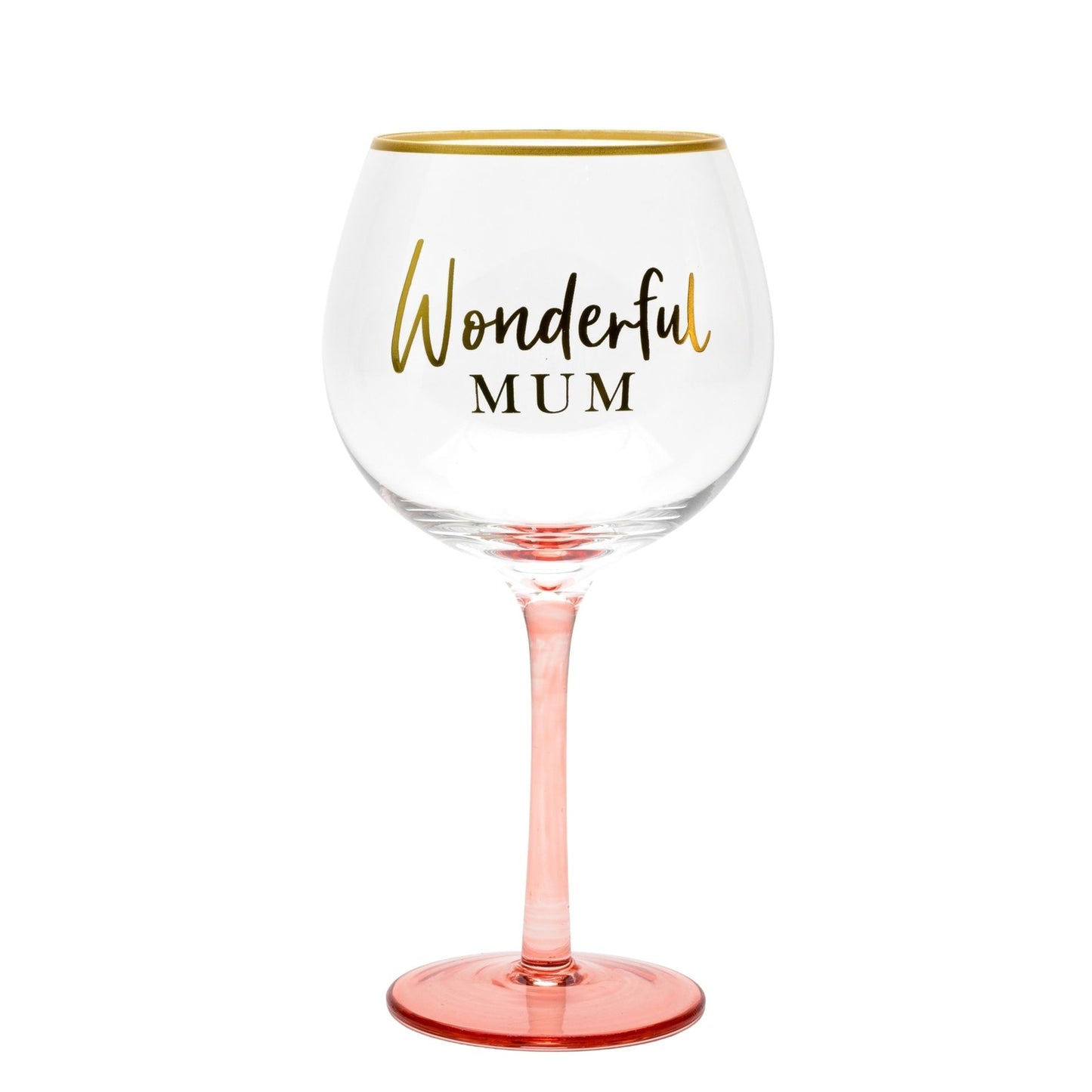 Wine glass with 'Wonderful Mum' text on a white background