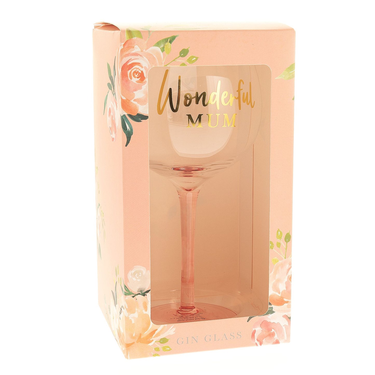 Rose gold wine glass in a decorative box with 'Wonderful Mum' text and floral designs.