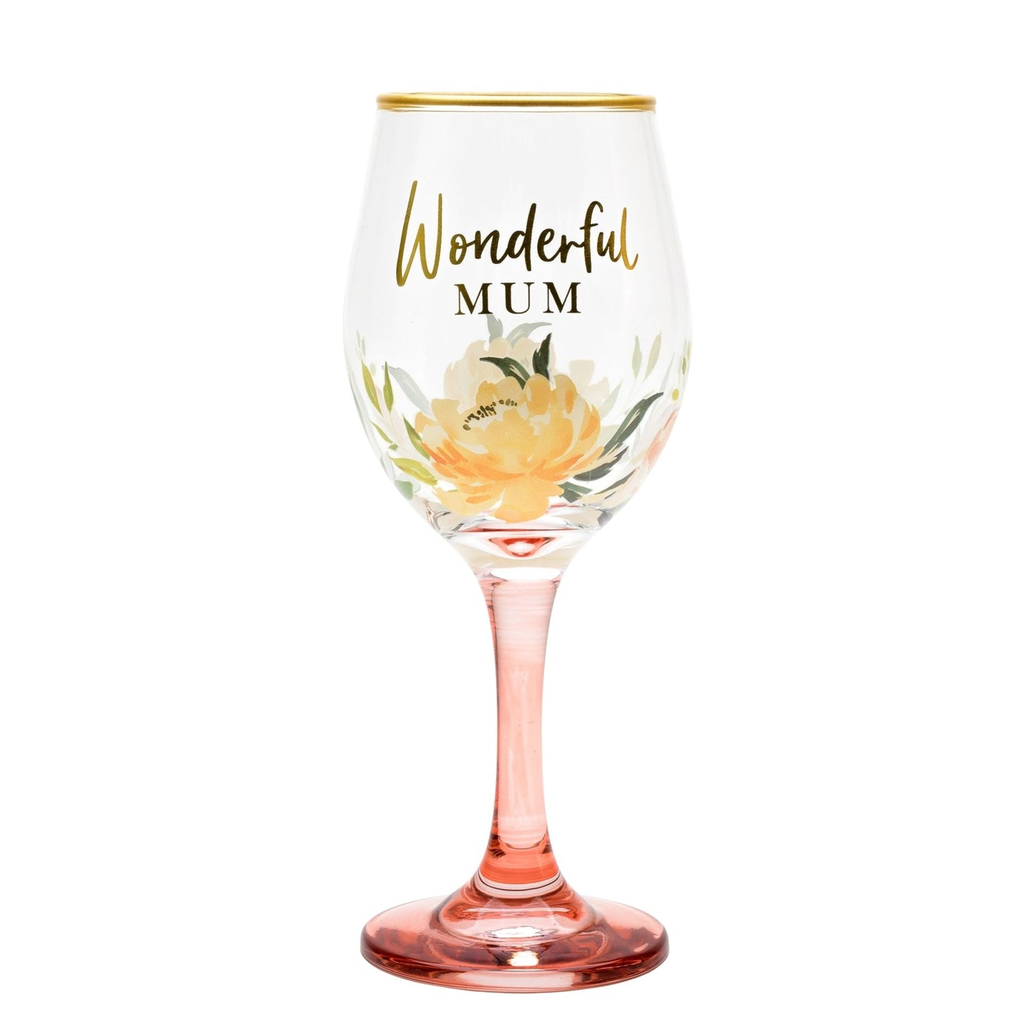 Wine glass with 'Wonderful Mum' text and floral design on a white background