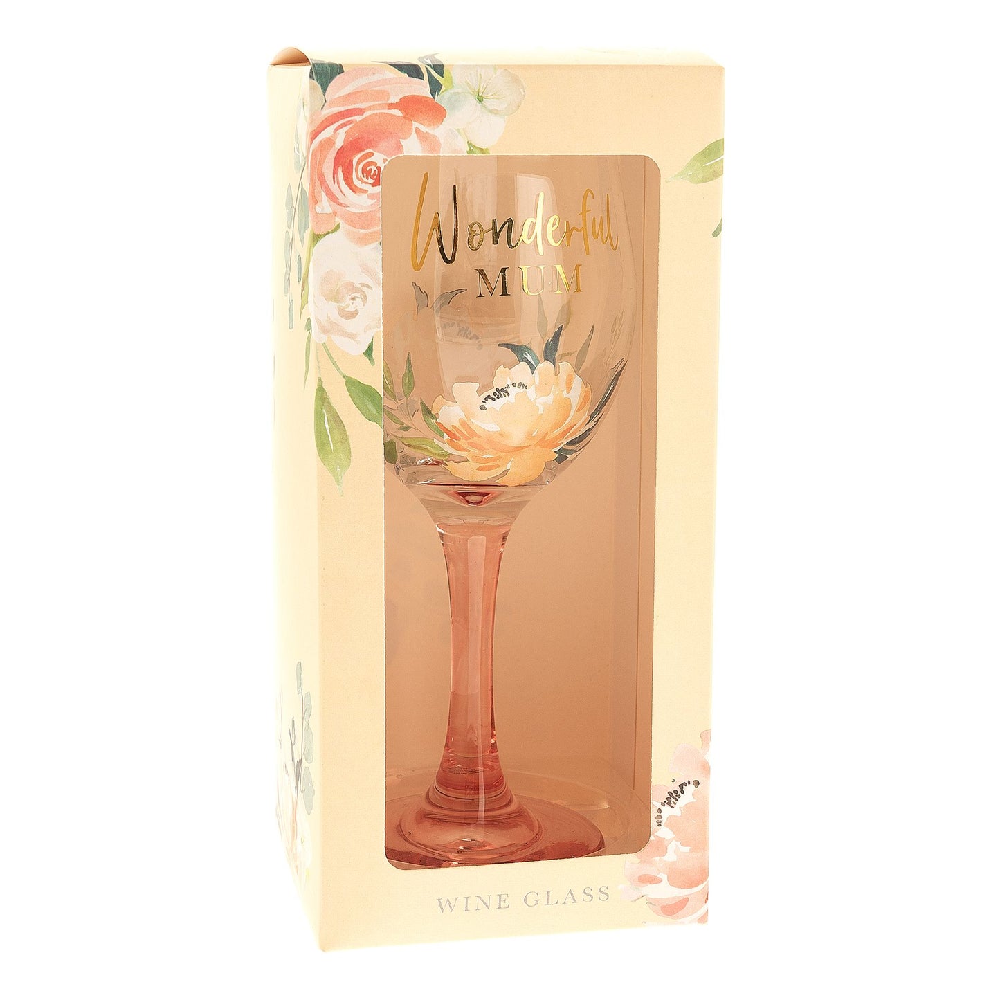 Wine glass with floral design and 'Wonderful Mom' text in a decorative box.