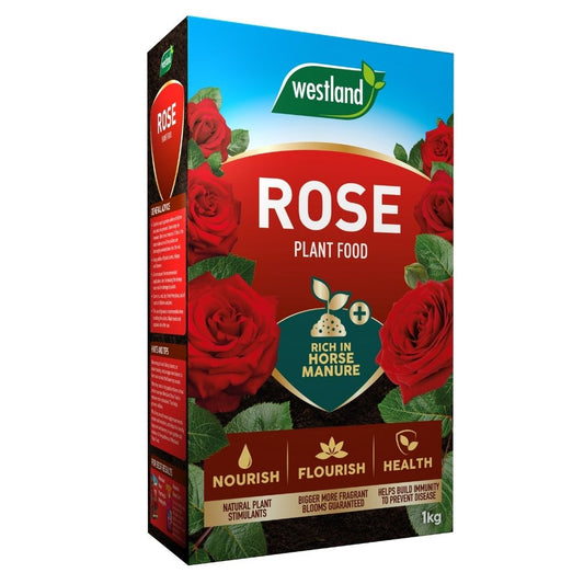 Westland Rose Plant Food packaging with red roses on a white background