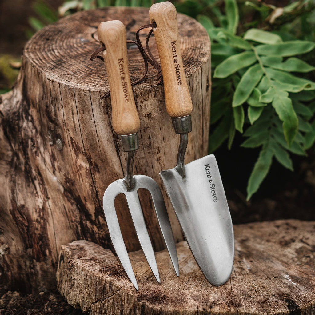 Gardening tools (shovel and fork) with wooden handles on a wooden stump.