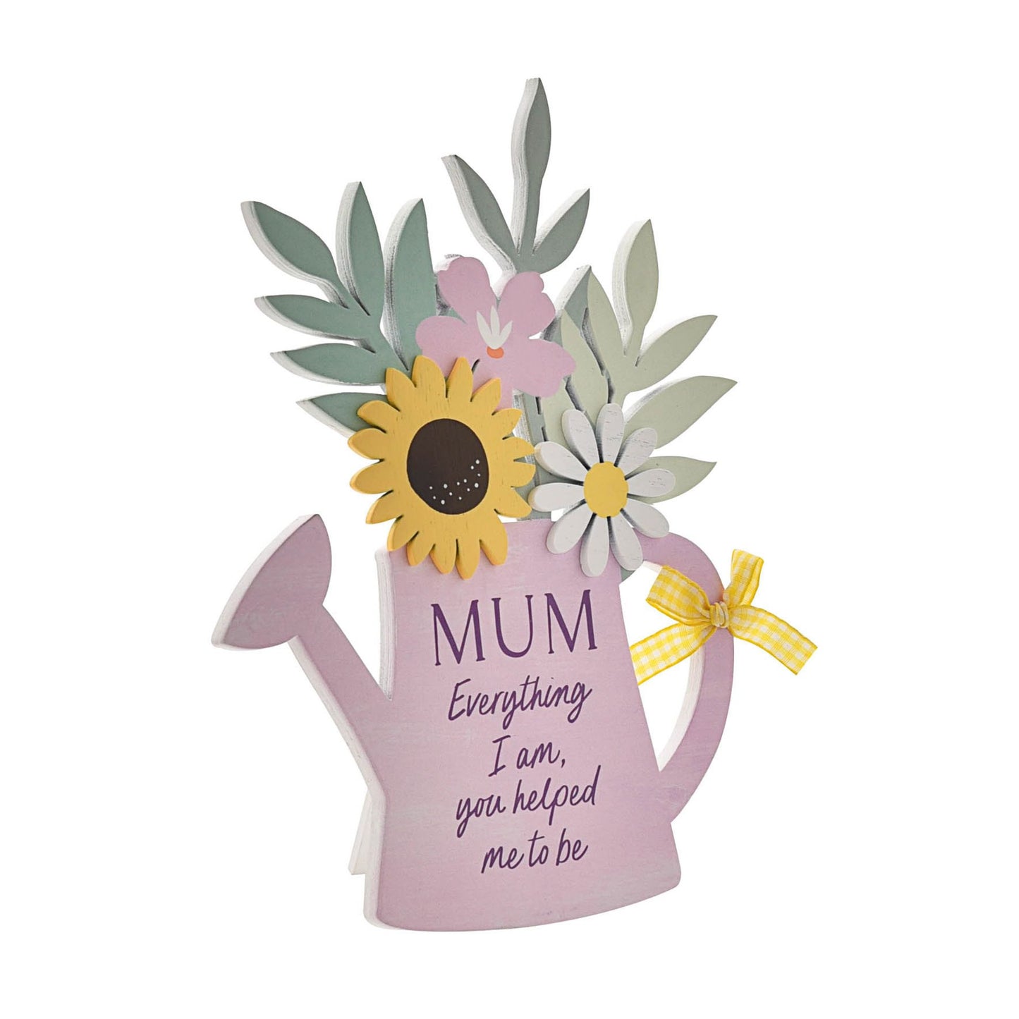 Decorative card shaped like a watering can with flowers and text on a white background