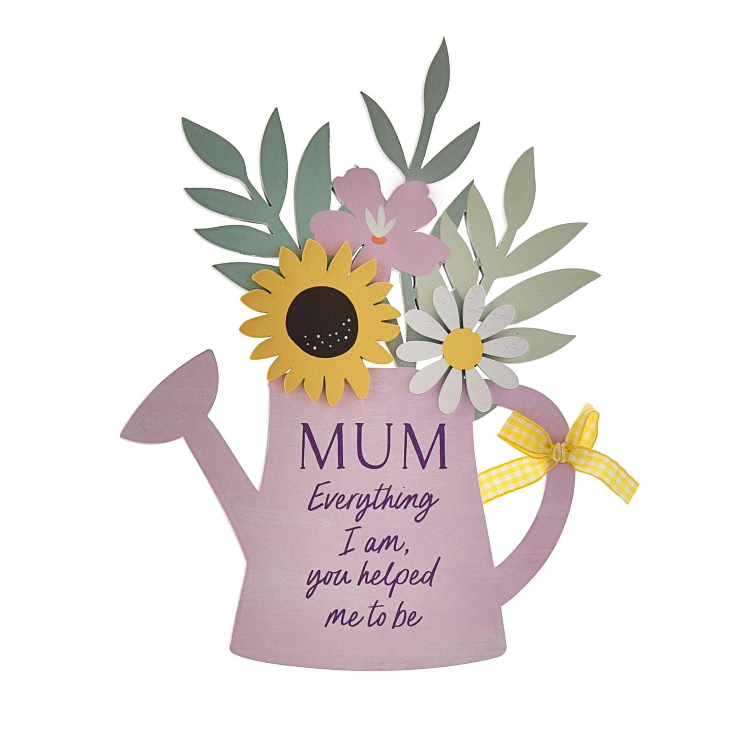 Pink watering can with flowers and text on a white background