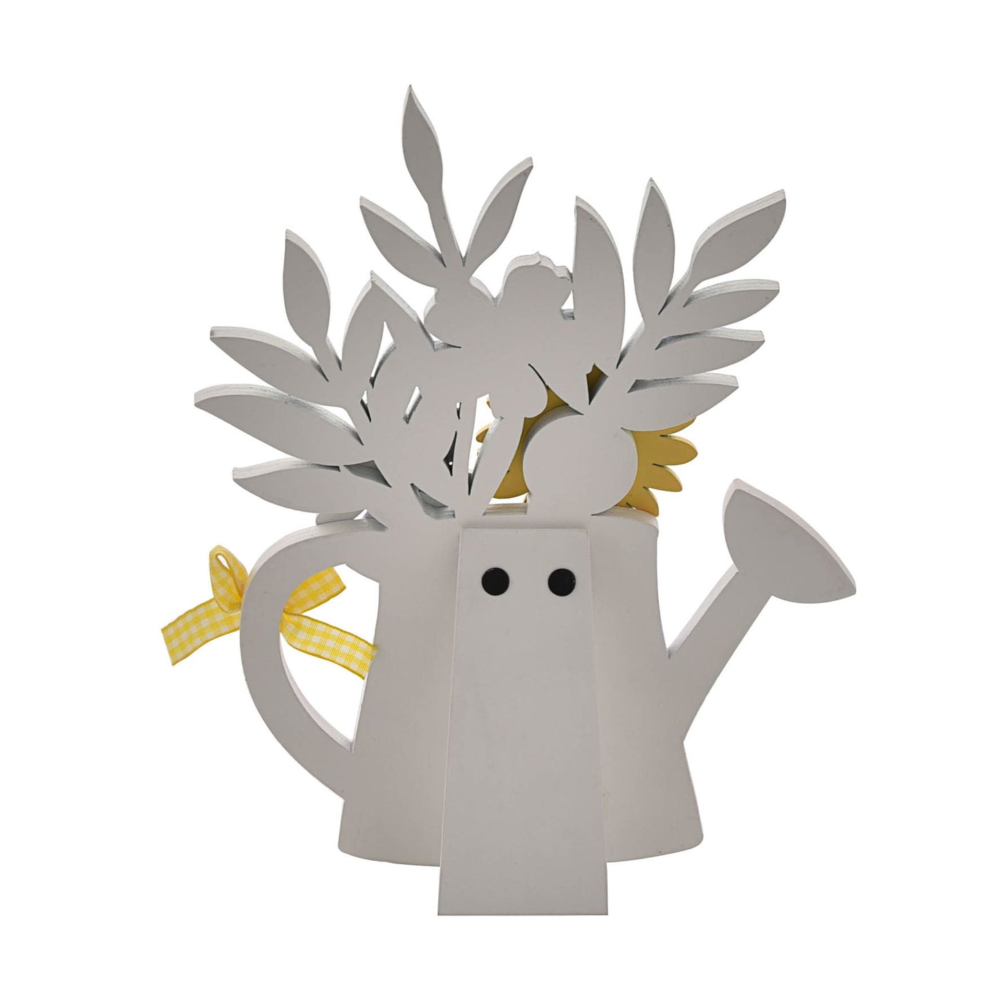 Decorative watering can with cutout leaves and a yellow ribbon on a white background