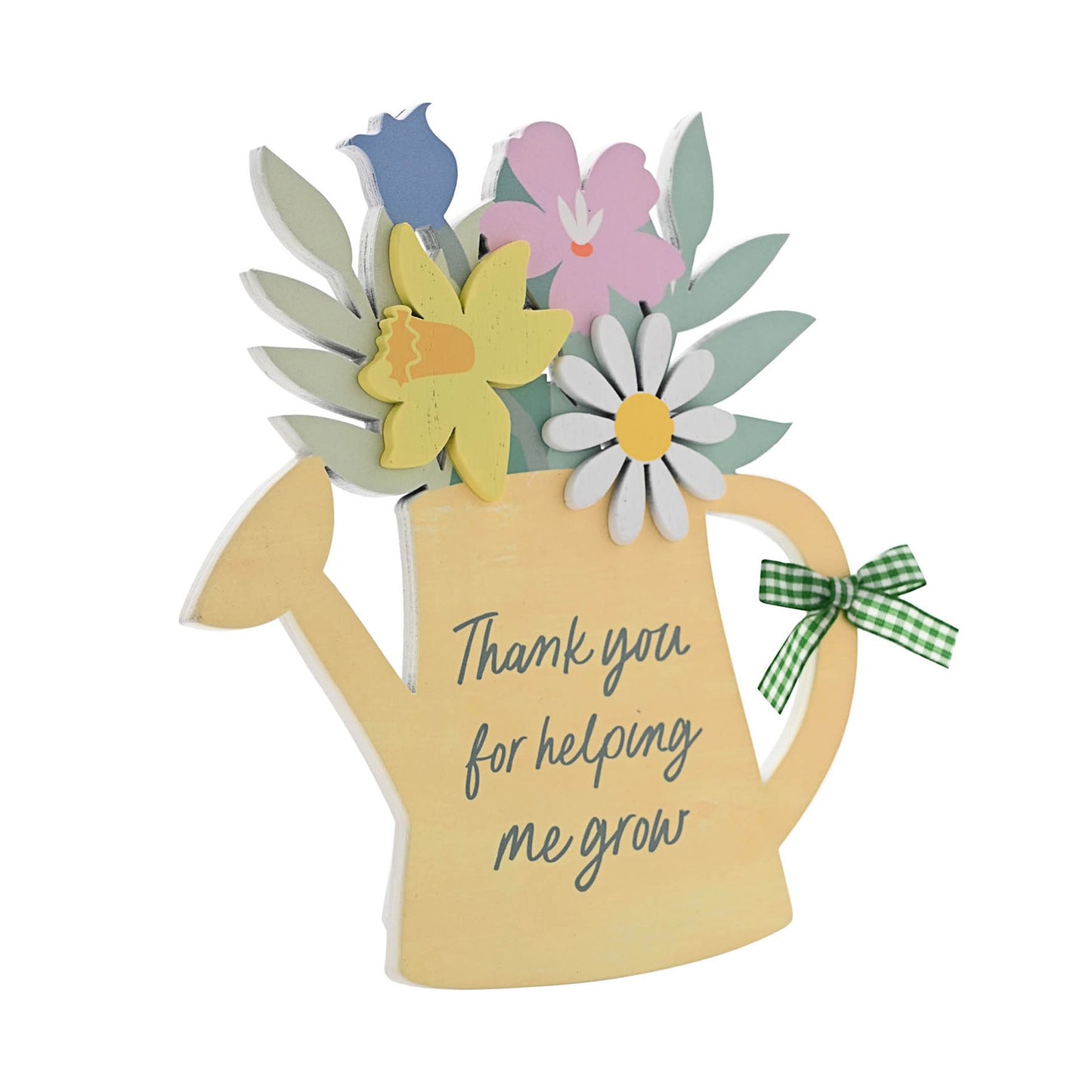 Decorative watering can with flowers and 'Thank you for helping me grow' text on a white background