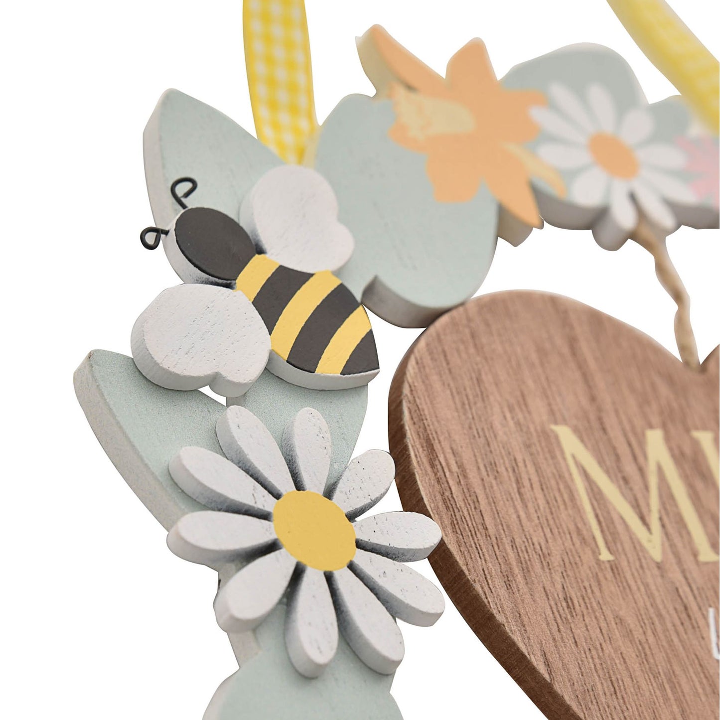 Decorative wreath with wooden heart, bee, flowers, and butterfly on a white background
