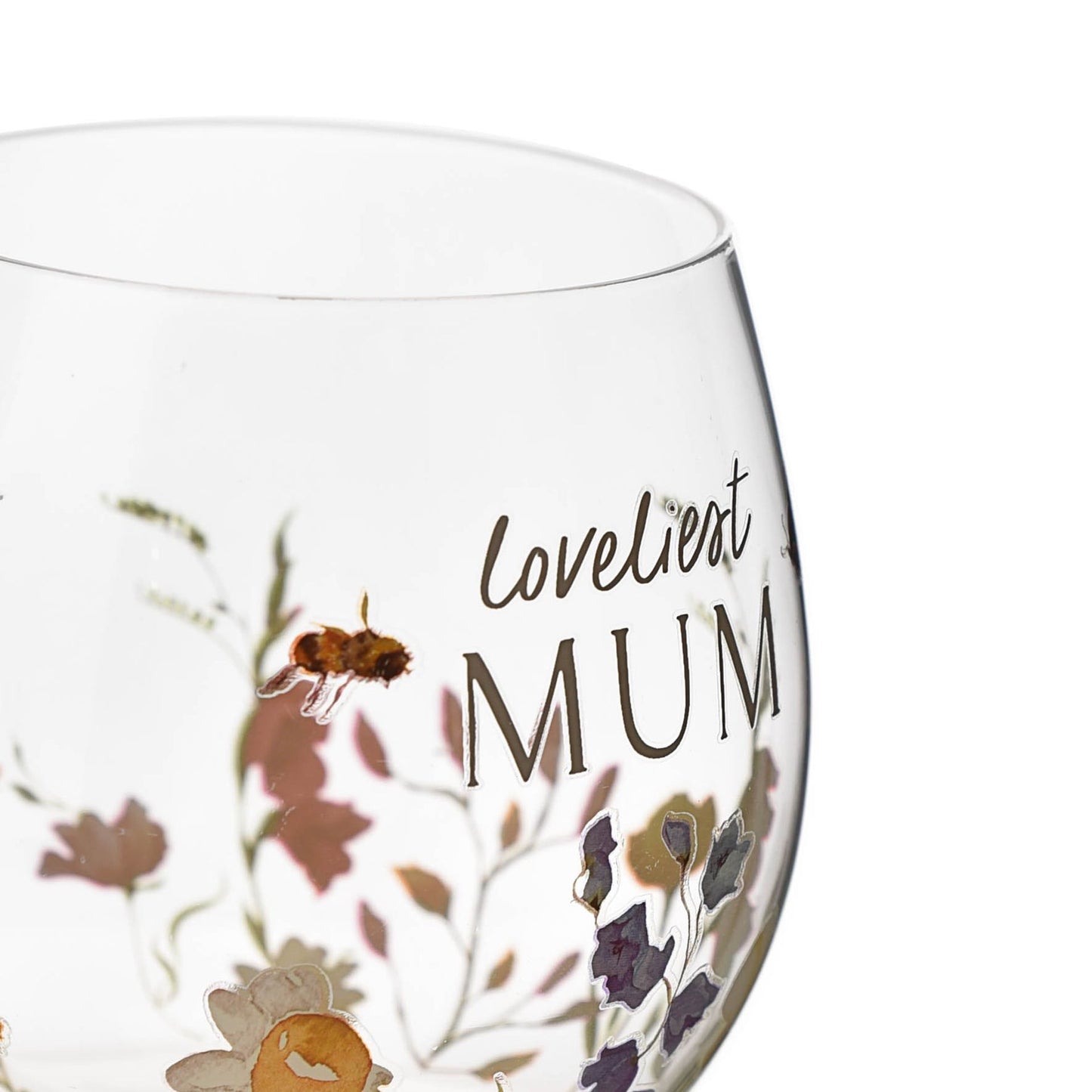Clear glass with floral design and 'Loveliest MUM' text on a white background