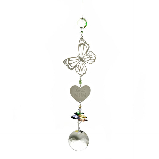 Decorative hanging ornament with butterfly and heart design on a white background
