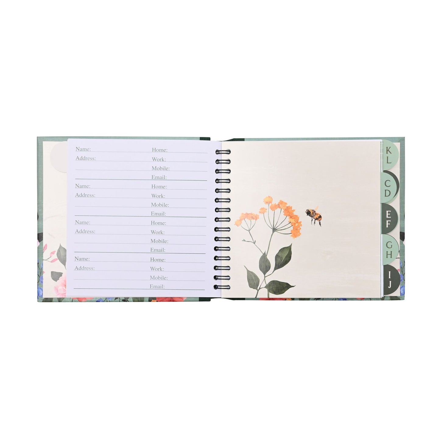 Open address book with floral design on a white background