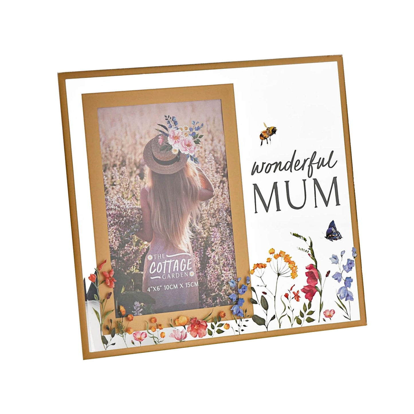 Decorative photo frame with floral design and 'wonderful MUM' text on a white background