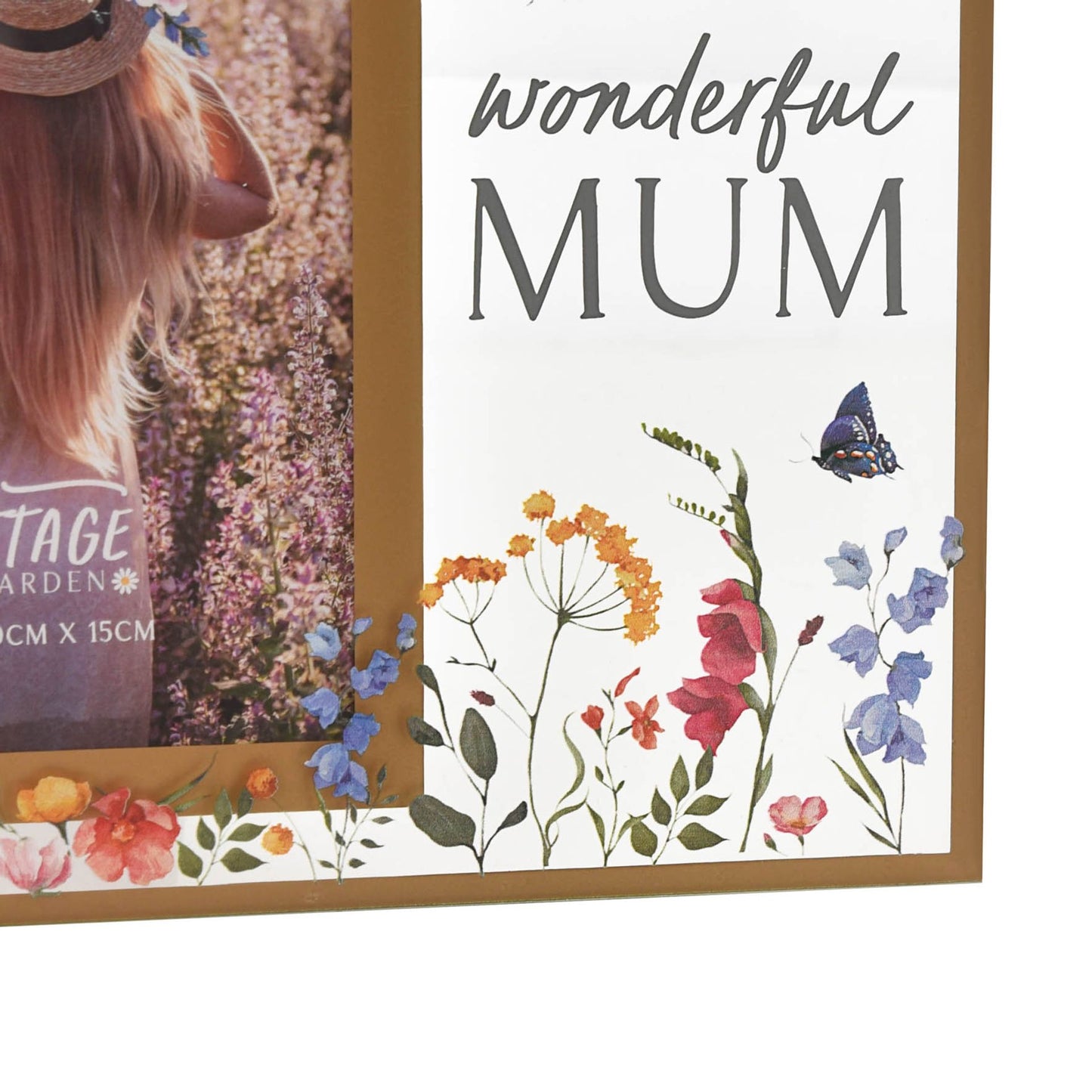 Card with 'wonderful MUM' text and floral design, featuring a photo of a person in a garden.