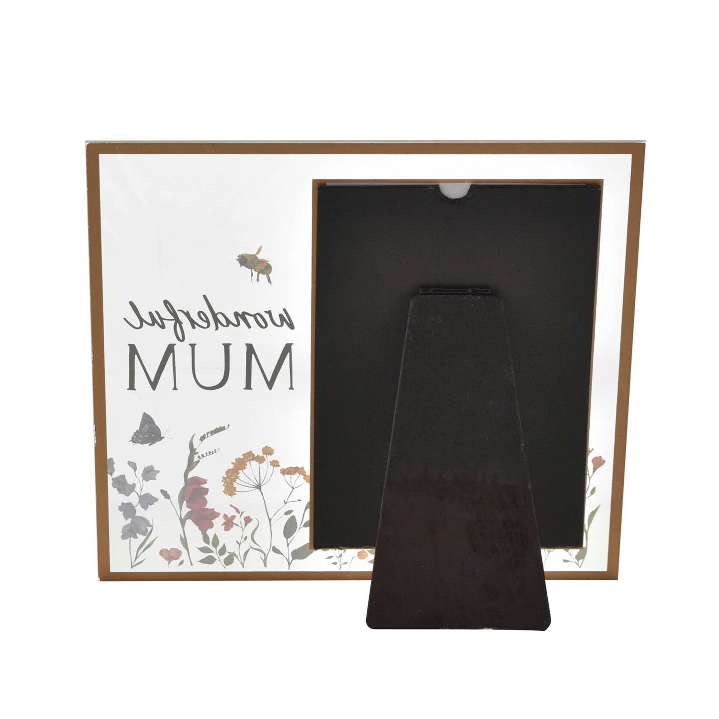 Framed picture with 'Mum' text and floral design, leaning against a white background.