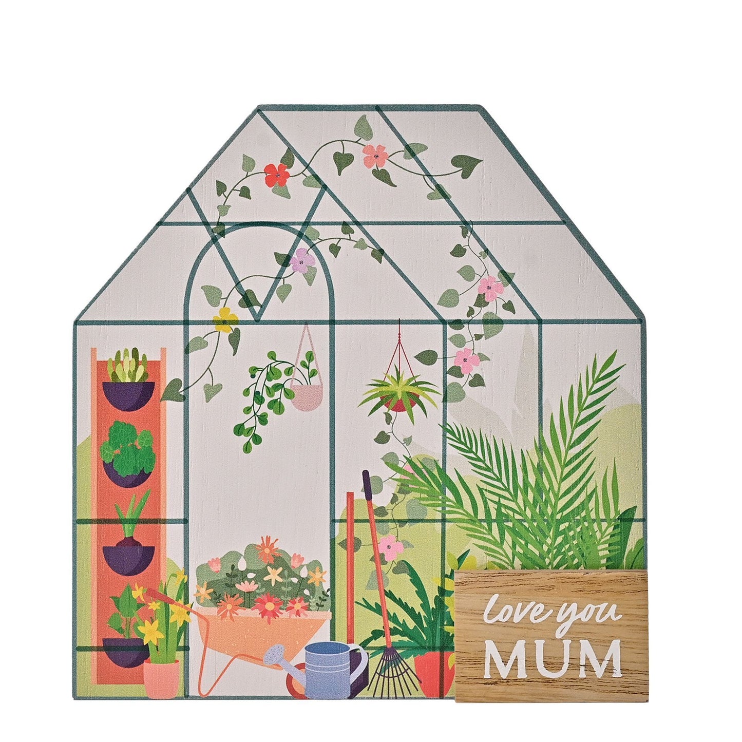 Decorative card with a greenhouse design, plants, and 'Love you Mum' message on a white background.