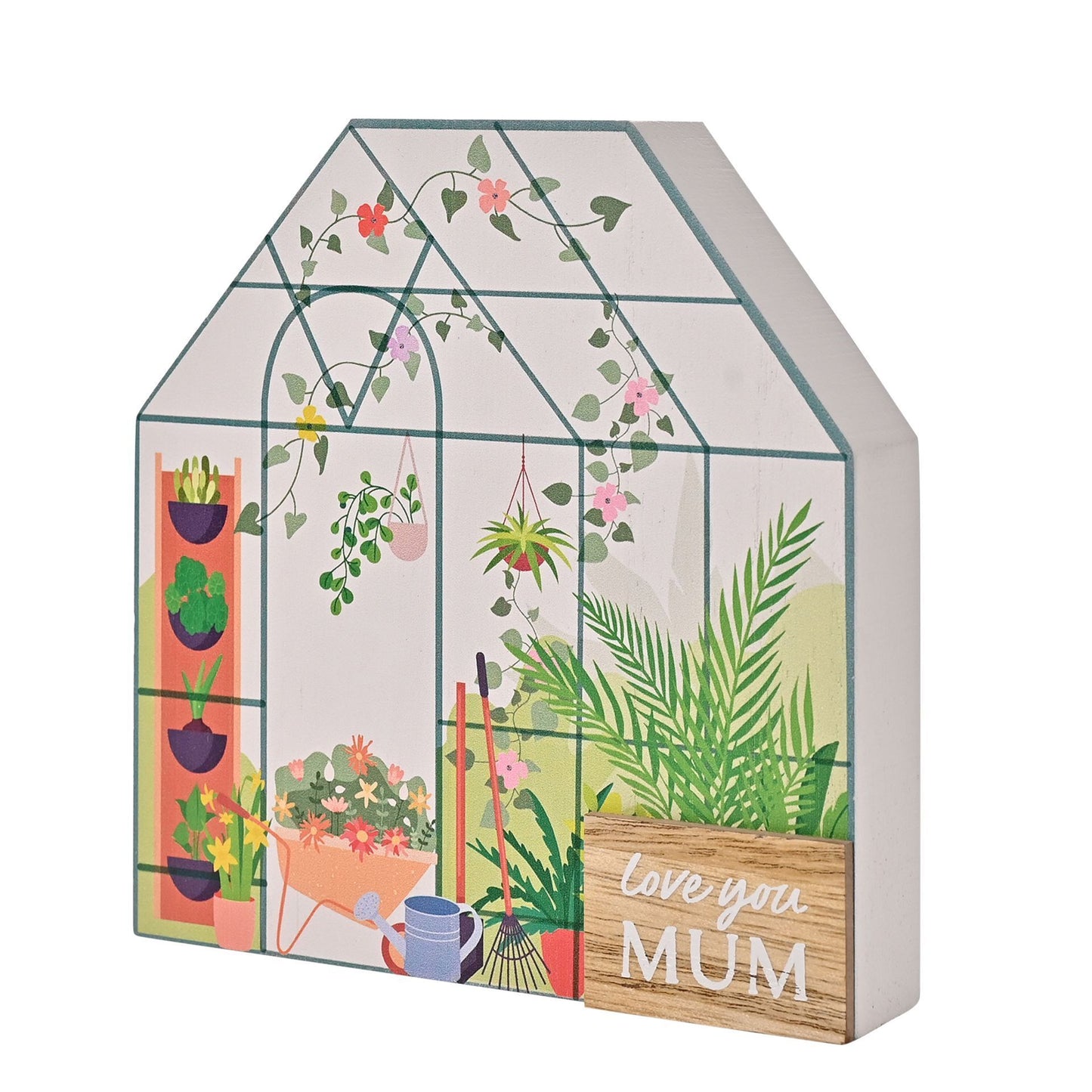 Decorative box shaped like a greenhouse with plant illustrations and 'Love you Mum' text on a white background