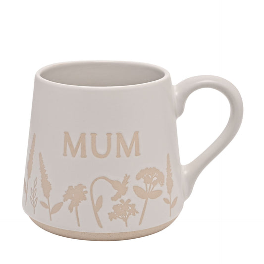 White mug with 'MUM' and floral designs on a white background