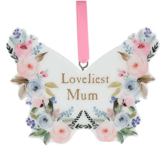 Butterfly-shaped decorative plaque with floral design and 'Loveliest Mum' text on a white background.