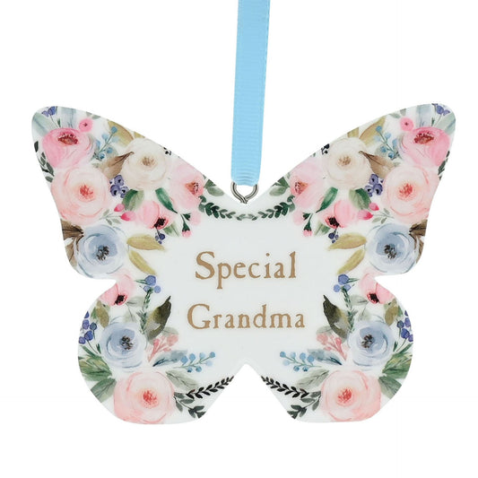 Butterfly-shaped ornament with floral design and 'Special Grandma' text on a white background