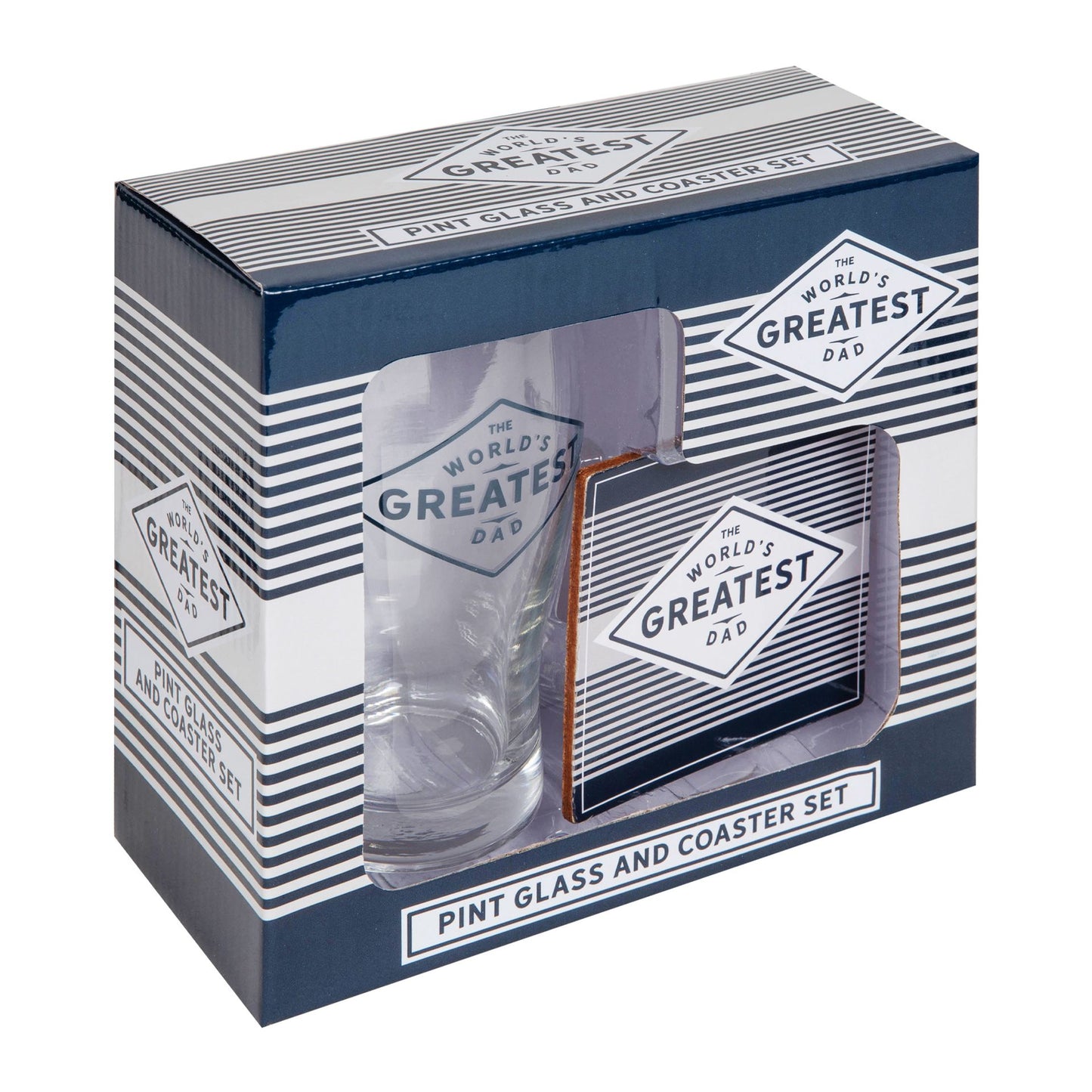 Gift set with a pint glass and coasters in a box labeled 'World's Greatest Dad'.